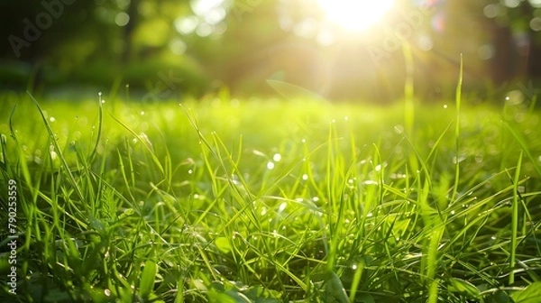 Obraz Fresh Green Grass in Sunlight: Vibrant Summer Spring Morning Nature Scene