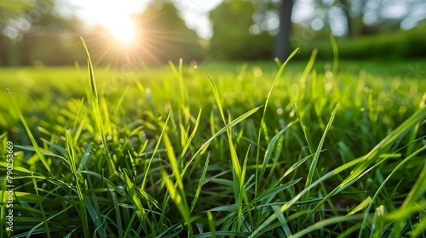Fototapeta Fresh Green Grass in Sunlight: Vibrant Summer Spring Morning Nature Scene