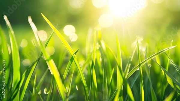 Fototapeta Vibrant Morning Dew: Captivating Macro Shot of Fresh Green Grass in Sunlight
