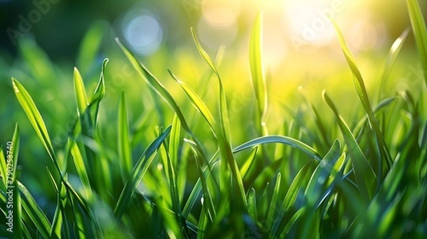 Fototapeta Vibrant Morning Dew: Captivating Macro Shot of Fresh Green Grass in Sunlight
