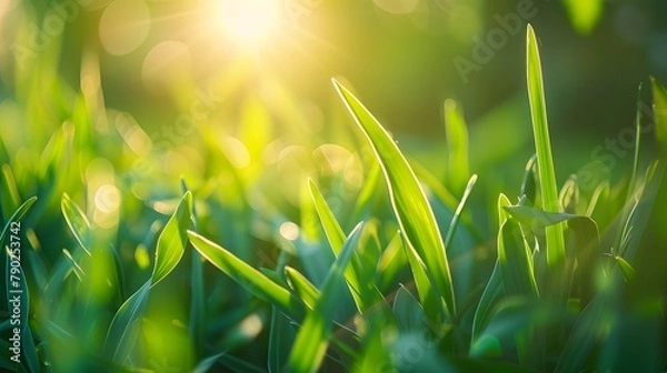 Fototapeta Vibrant Morning Dew: Captivating Macro Shot of Fresh Green Grass in Sunlight