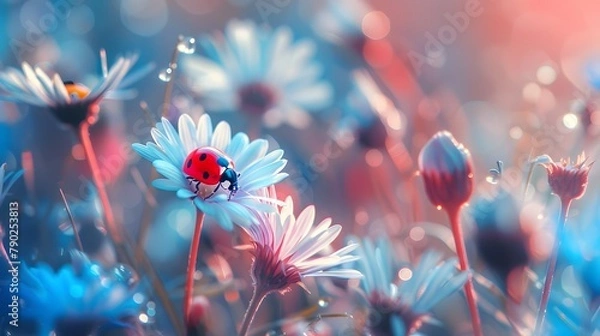 Fototapeta Colorful Daisy Wheel and Ladybug Artistic Nature Background. Vibrant Spring and Summer Outdoor Scene.