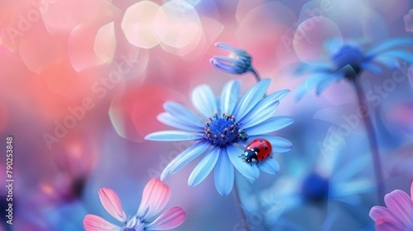 Fototapeta Colorful Daisy Wheel and Ladybug Artistic Nature Background. Vibrant Spring and Summer Outdoor Scene.