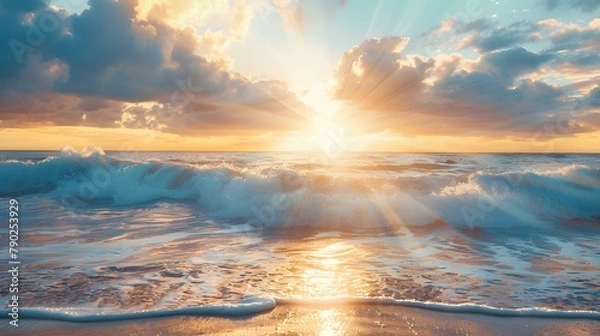 Fototapeta Vibrant Sunset Beach Scene: Colorful Seascape with Sun Rays and Raging Waves.