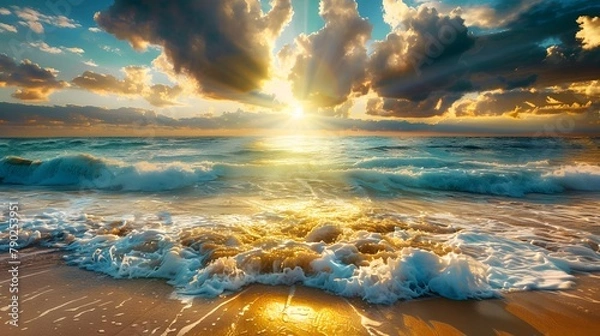 Fototapeta Vibrant Sunset Beach Scene: Colorful Seascape with Sun Rays and Raging Waves.