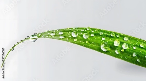 Fototapeta Fresh Dew Drops and Rainwater on Vibrant Green Grass Leaf. Close-up Nature Photography.
