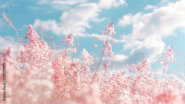 Fototapeta Pastel Spring Blossom: Gentle Floral Background with Pink Fluffy Flowers, Blue Sky, and Soft Sunlight. Nature Border.