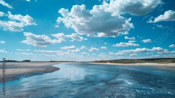 Fototapeta Serene river merging with the ocean under a vast sky. Tranquil coastal scenery.