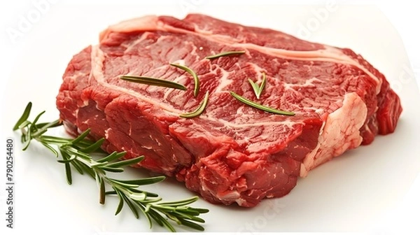 Obraz Fresh Raw Beef Steak with Rosemary on White Background. Ideal for Culinary Recipes, Food Blogs, Grilling and Barbecues. Juicy and Appetizing. AI