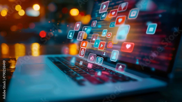 Obraz Social Media Engagement Digital Interface Concept. Vibrant social media icons floating above a laptop keyboard, representing online engagement and digital communication.