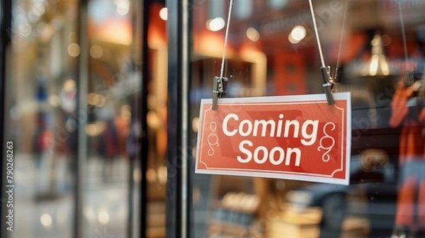 Obraz Red 'Coming Soon' Sign Hanging on a Glass Door of a Storefront