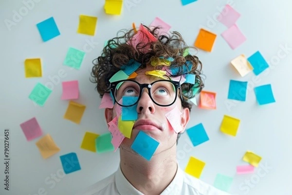 Fototapeta young male nerd, his face covered in sticky notes, looking bewildered, against a stark white background to emphasize his colorful predicament
