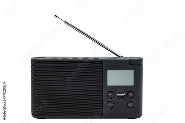 Fototapeta Detail of a small black battery-powered portable radio on a white background. It is a radio with folding antenna with FM, AM, DAB, DAB+, RDS reception and a screen