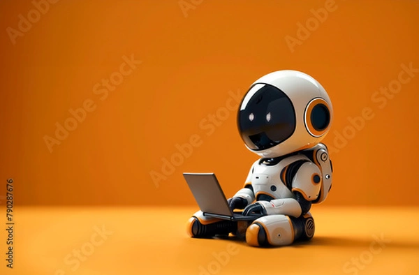 Fototapeta A robot using a laptop with copy space