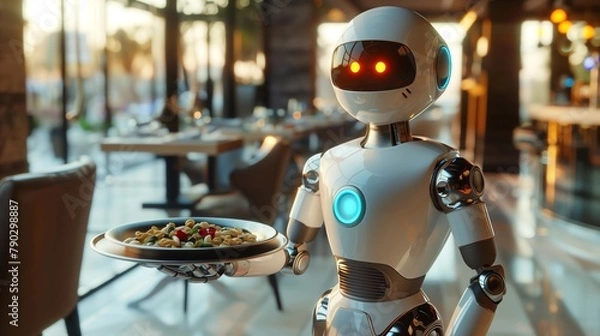 Fototapeta A robot waiter carries a tray of food and drinks in a restaurant
