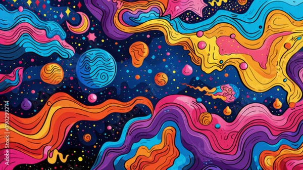 Obraz Hand drawn groovy psychedelic background. Abstract wavy swirly pattern