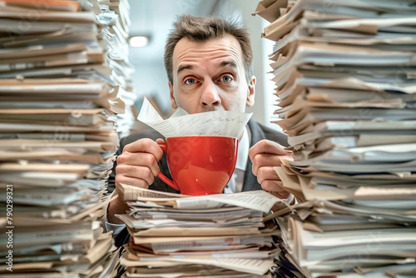 Obraz funny portrait of a insurance broker looking at a tall pile of papers while holding the coffee cup in his hands