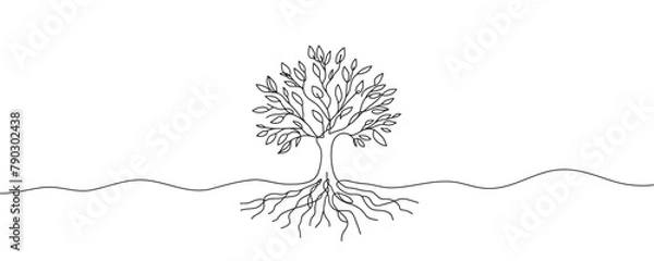 Fototapeta tree in one line. Graphic vector illustration of a continuous line drawing of a tree with roots