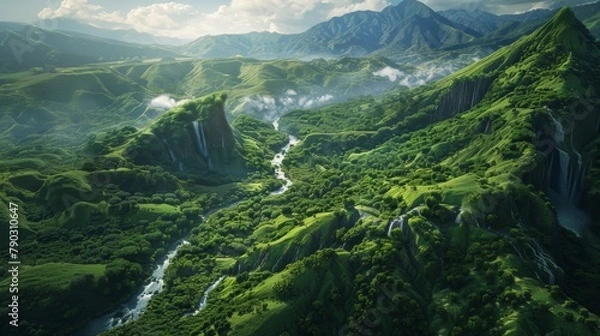 Fototapeta Aerial view of a volcanic landscape covered in lush greenery, with winding rivers and cascading waterfalls carving through the terrain.