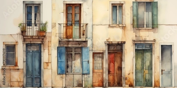Obraz Watercolor draw paint ink front side of house with windows and doors background scene view