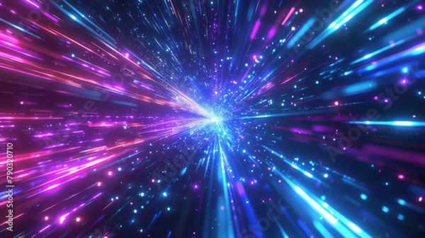 Fototapeta Abstract flight in retro neon hyper warp space in the tunnel 3d illustration