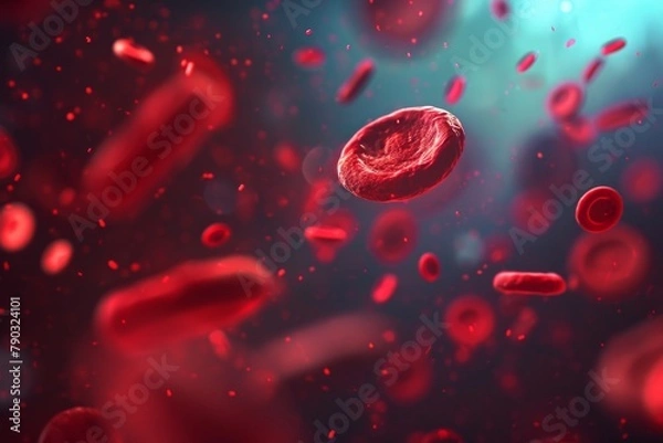 Fototapeta This photo depicts red blood cells floating within a blood vessel, illustrating the movement and circulation of blood in the body, Colorful and animated illustration of red blood cells, AI Generated