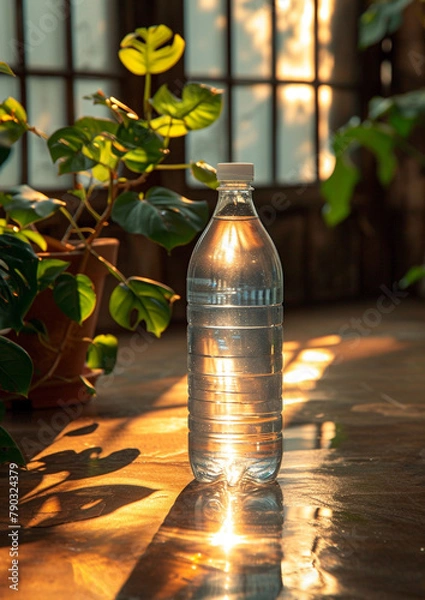 Fototapeta Transparent water bottle indoors image. AI generates it.