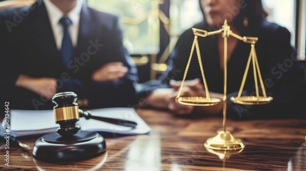 Fototapeta judge on wooden table And experienced lawyers meet with clients and give advice behind the scenes. legal services legal consulting concept