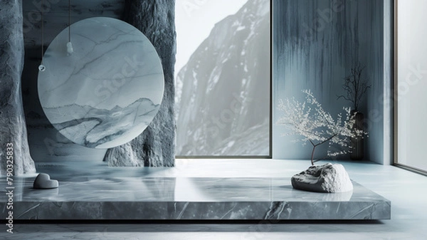 Obraz Oriental set ofJapanese  style minimal abstract  background.podium and gold bonsai tree with dark background for product presentation. 3d rendering illustration.
