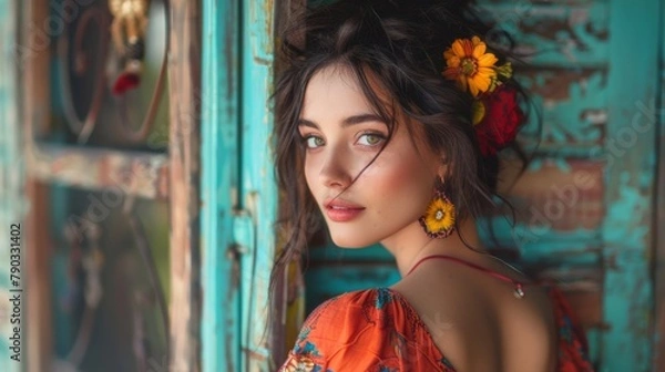 Fototapeta A woman with a flower in her hair posing for the camera, AI
