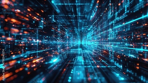 Obraz Abstract digital landscape with blue and red neon lines simulating high-speed data stream