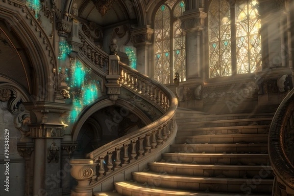 Fototapeta Ornate Castle Staircase with Teal Art Highlights, Lit by Gentle Afternoon Sun