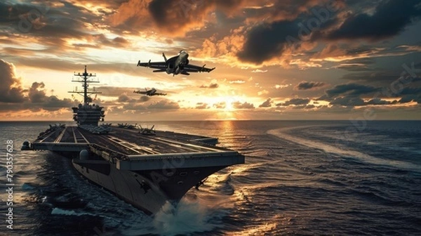 Obraz A large Navy ship is sailing in the ocean with a sunset in the background