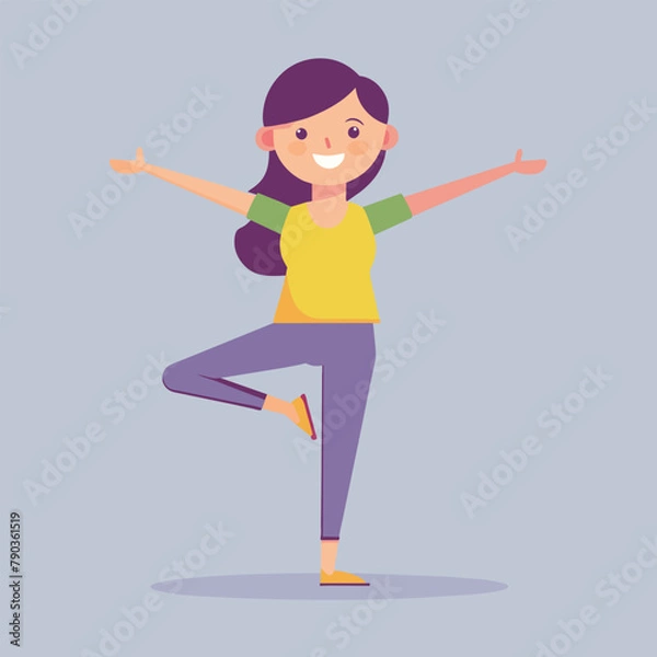 Fototapeta Woman Practicing Yoga Pose on Blue Background, A girl with one leg raised and arms outstretched, balancing gracefully in a yoga pose, Simple and minimalist flat Vector Illustration