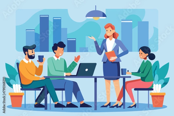 Fototapeta A group of individuals sitting around a table, engaged in a meeting, with a laptop open in front of them, business people conduct meetings, Simple and minimalist flat Vector Illustration