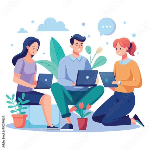 Fototapeta Three People Working on Laptops, Company employees talking about boss tasks sitting with laptop, Simple and minimalist flat Vector Illustration