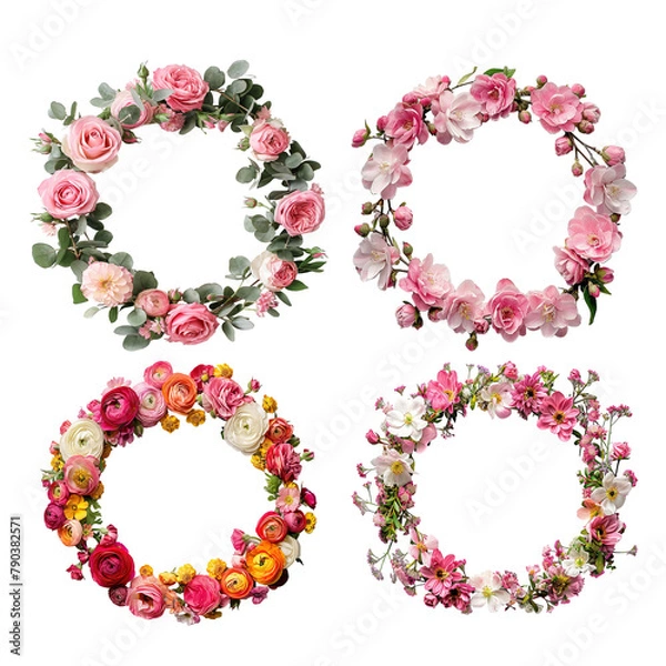 Fototapeta Set of four round frames made of flower wreathes. Flat lay of flower wreathes made of flower buds, branches and leaves isolated on transparent background.