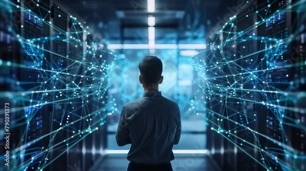 Obraz Big Data Center Chief Technology Officer, stands in storage, digitization lines of information flowing through servers. SAAS, cloud computing, web service
