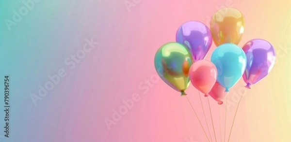 Fototapeta Color balloons on rainbow background. 3D render on multicolor gradient. Birthday celebration banner. 