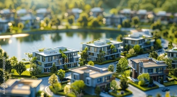 Fototapeta Futuristic Miniature Model of Eco-Friendly Residential Area with Green Spaces