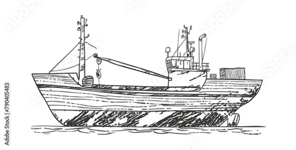 Fototapeta Vector Illustration of a fishing boat with net at sea. 