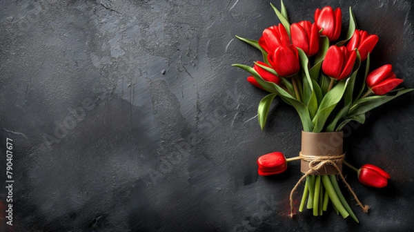 Obraz A bouquet of red tulips in full bloom against a clear grey background.