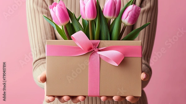 Obraz A close-up shot of a woman's hands gently holding a gift box, conveying anticipation and excitement.