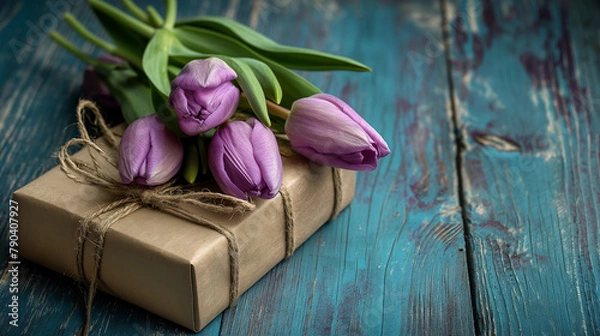 Obraz A bouquet of violet tulips on a beautiful gift package