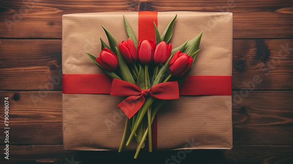 Obraz A bouquet of red tulips on a beautiful gift package