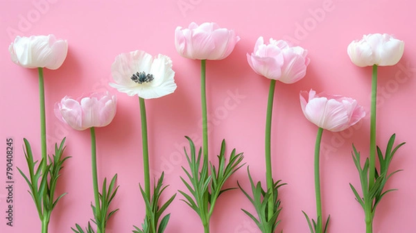 Obraz A bouquet of pink flowers in full bloom against a clear pink background.