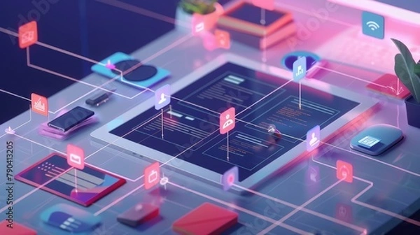 Obraz computer analysis for process and workflow automation with flowchart, a businessman in background