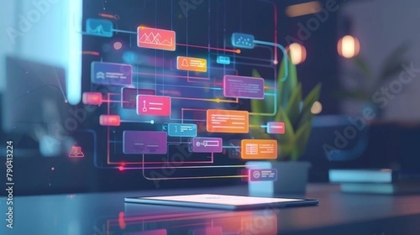 Obraz computer analysis for process and workflow automation with flowchart, a businessman in background