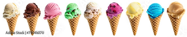 Fototapeta set of ice cream cones, different flavours: vanilla, chocolate, mint, strawberry, cookies, berries, mango