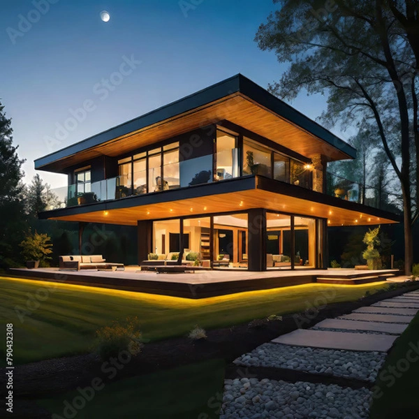 Fototapeta Exterior photography of a high end home, modern and minimalist design home in the evening hours,